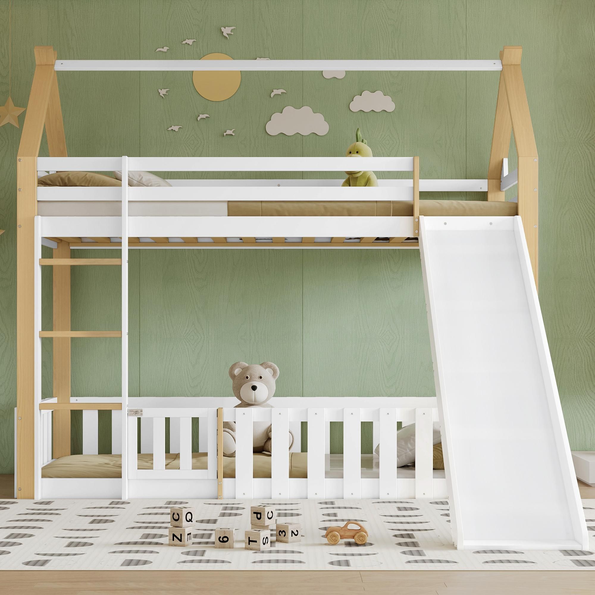 Flieks Etagenbett 90x200cm mit Rutsche, Kinderbett Hausbett mit Tür, Hochbett Einzelbett mit Rausfallschutz und Lattenrost, Stockbett Naturbelassen