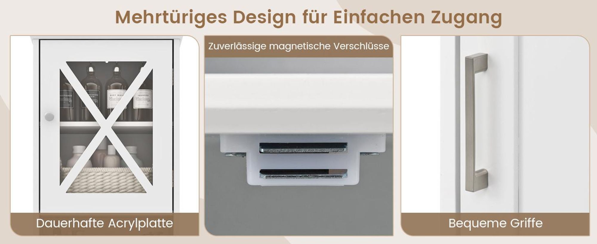 COSTWAY Bad Hochschrank, großer Bodenschrank mit Acryltüren & 3 Fächern, freistehender Vorratsschrank mit verstellbaren Regalen Weiß