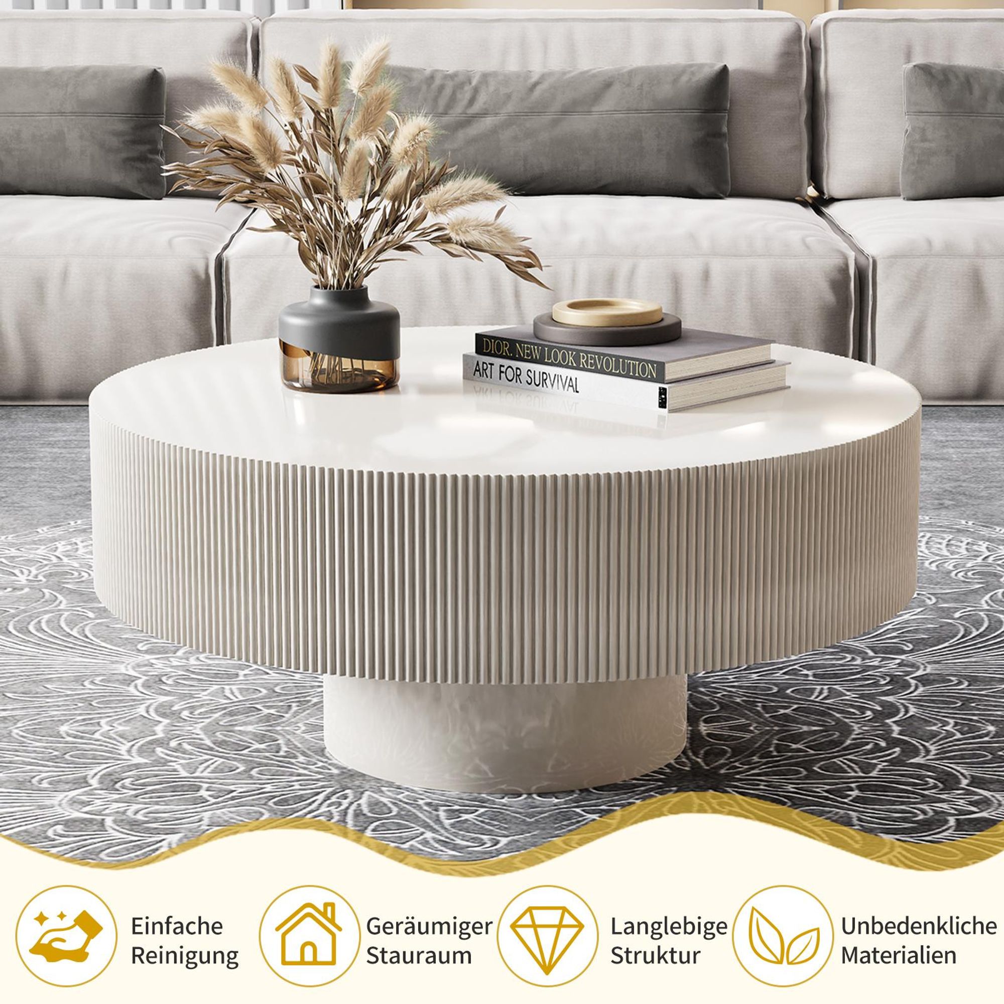 TWSOUL Couchtisch Moderner Runder Couchtisch, Weiß,78.5cm*35cm mit Fluted-Optik