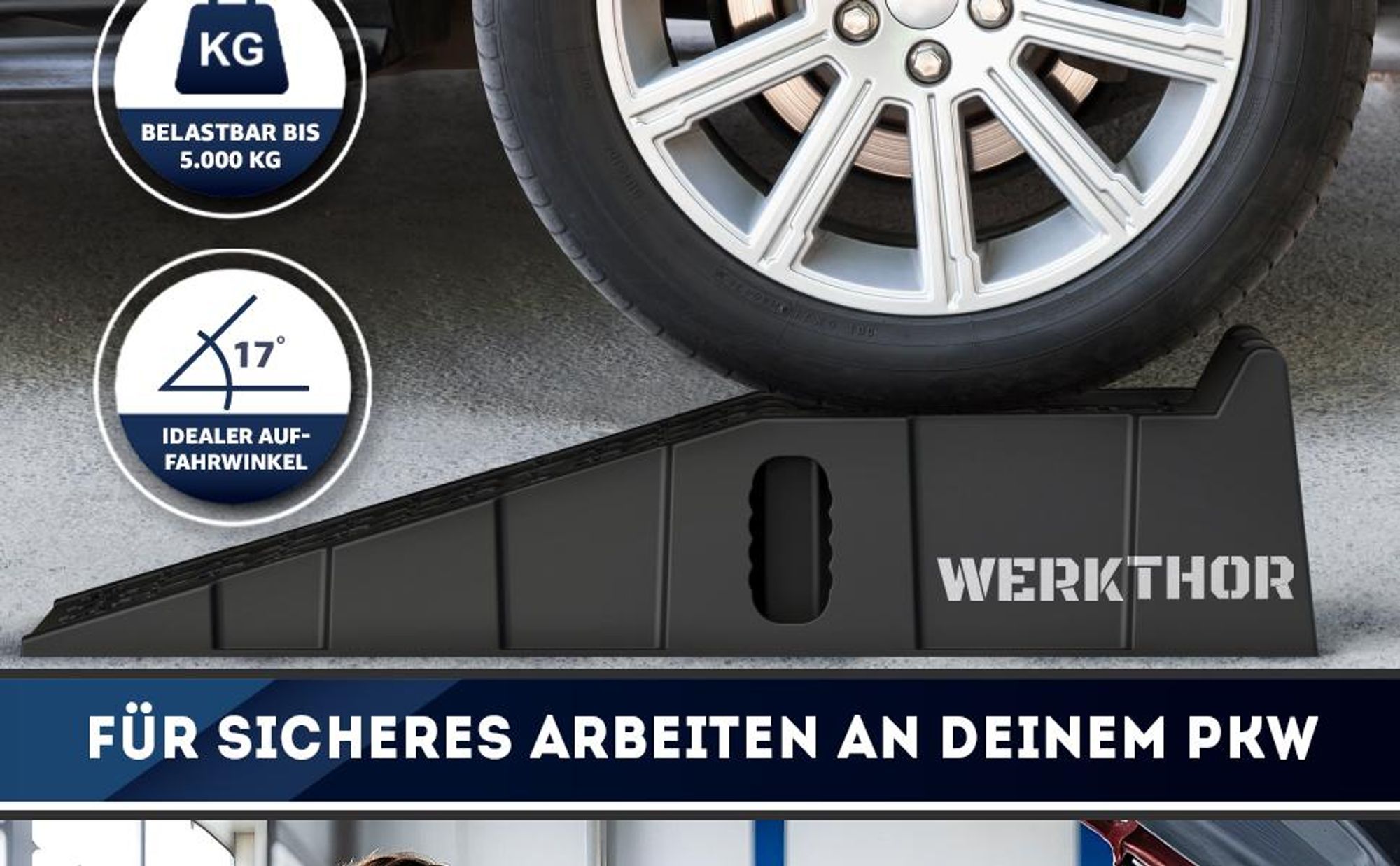 WERKTHOR KFZ Auffahrrampe PKW - [2er Set] Auffahrrampen für maximalen Halt [<5t] - Hochbelastbare Rampe Auto - 2x Auto Rampen
