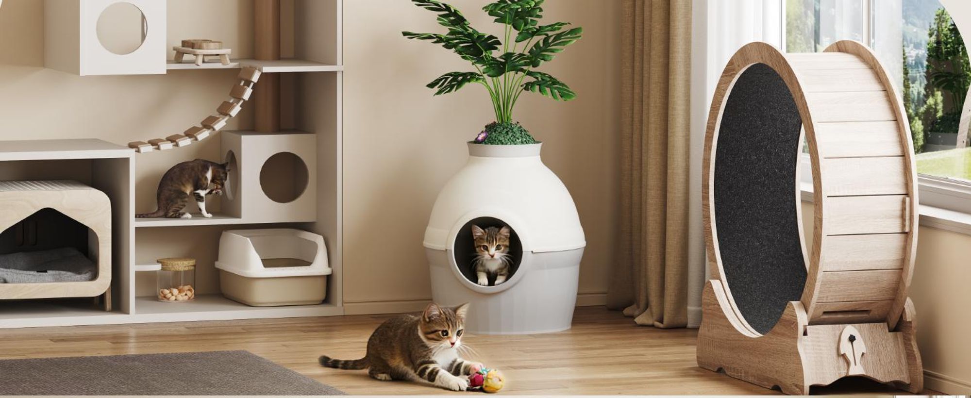 Mondeer 2-in-1 Katzentoilette & Schlafhöhle mit Deko-Pflanze, individuell gestaltbar, belüftet – inkl. Katzenangel und Schaufel Grau