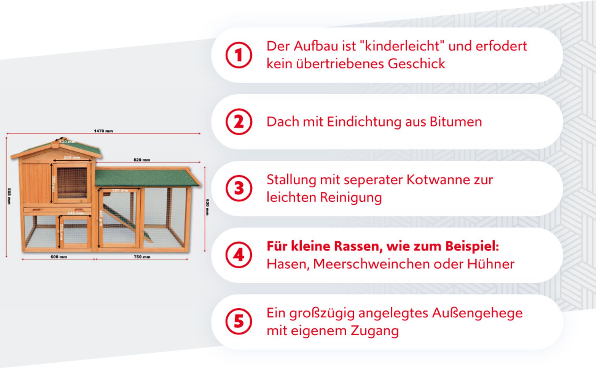 Wiltec 2 Etagen Nagerhaus 1470 x 520 x 855 mm, Hasenstall zweistöckig aus Fichtenholz, mit Bitumeneindeckung und Kotwanne, Kleintierhaus Freilauf Gehege