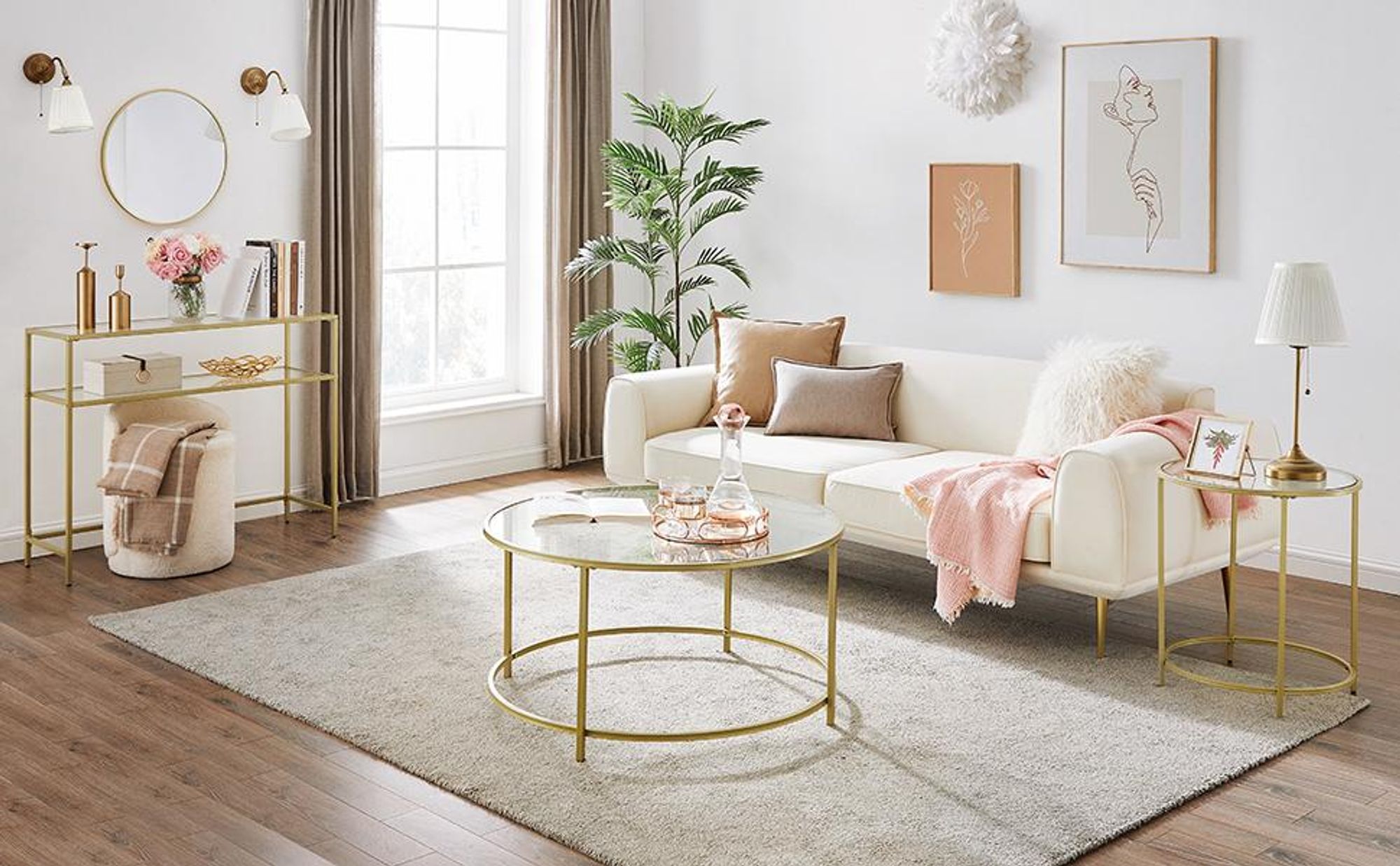 VASAGLE Couchtisch mit goldenem Eisengestell Ø84 x 45,5 cm rund Glastisch robustes Hartglas Sofatisch stabil Wohnzimmertisch dekorativ Gold LGT21G