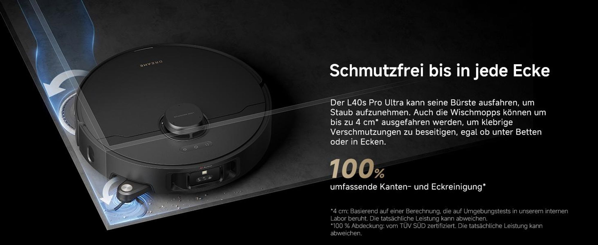 Dreame L40s Pro Ultra Staubsauger Roboter, selbstreinigende Ausfahrbare Wischmopps,19000Pa Saugkraft,Detangling DuoBrush,Hindernisvermeidung, Schwarz