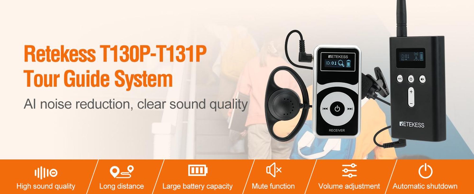 Bezdrátový průvodcovský systém Retekess T130P, T130 (3.0), stupňovitá redukce šumu, dosah 160 m, systém Audio Whisper pro turistické zájezdy, vysílačka