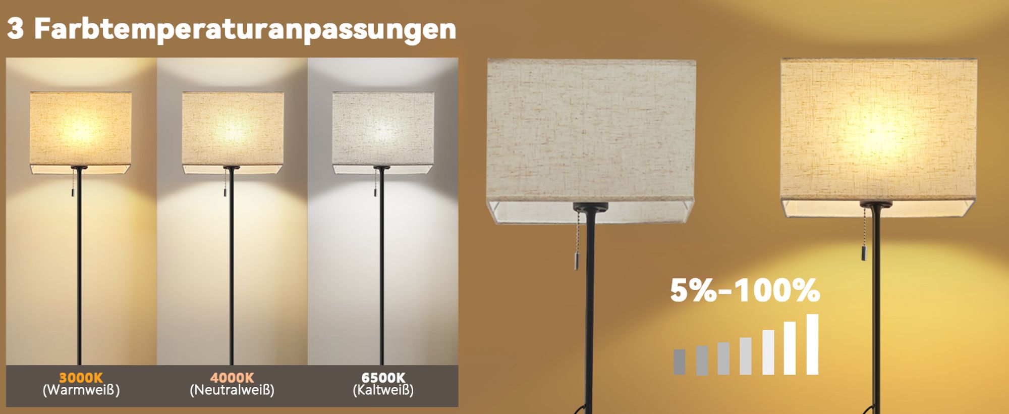 ZMH Standlampe Stoff Wohnzimmer Vintage Stehleuchte LED Dimmbar Standleuchte 134cm Stehlampe Beige Lampenschirm Wohnzimmerlampe Seilzugschalter