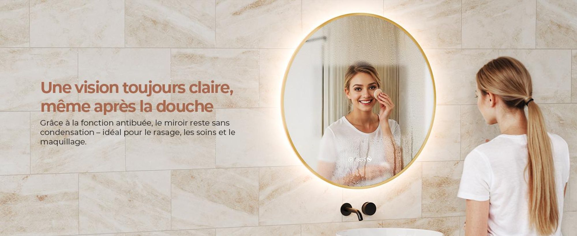S'AFIELINA miroir salle de bain LED 60 cm rond, tactile, anti-buée, variateur, horloge, température, mémoire, bordure dorée.