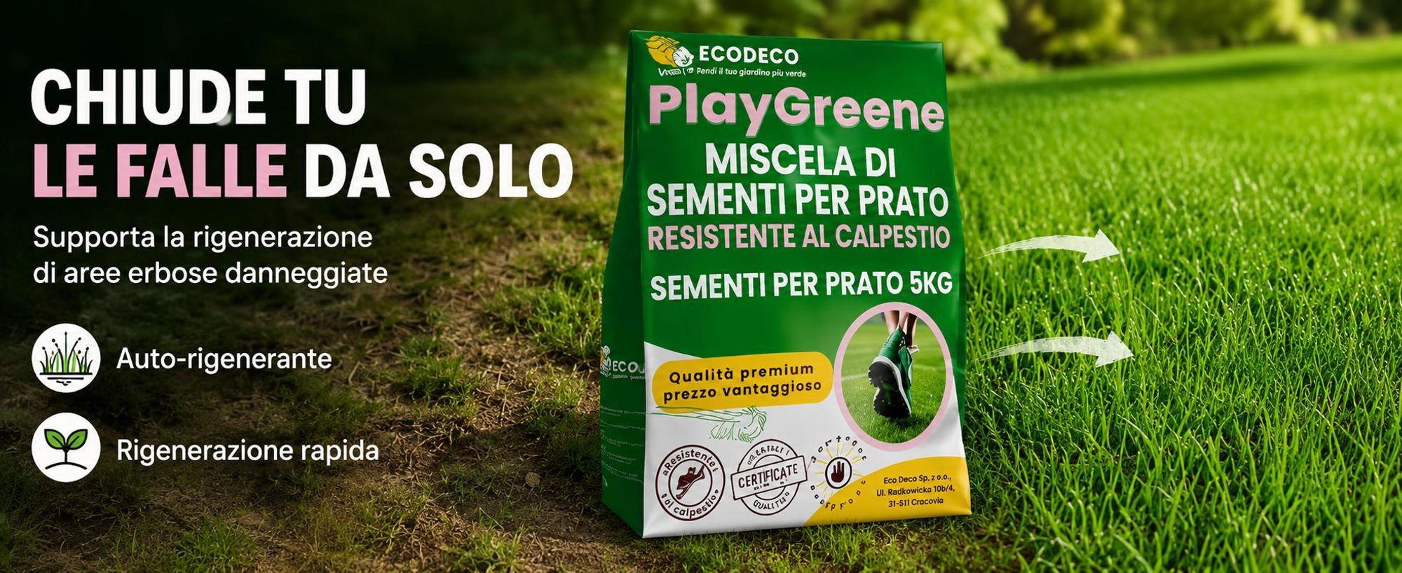 EcoDeco semi per prato, sementi per prato calpestabile resistente, miscela rigenerante e autoaddensante, 5 kg