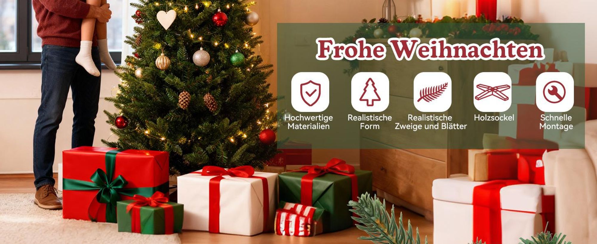 Künstlicher Weihnachtsbaum DEWINNER 180 cm,, Holzständer, Einstellbare PE/PVC-Zweige, Extra Dicht und Realistisch, Einfacher Aufbau