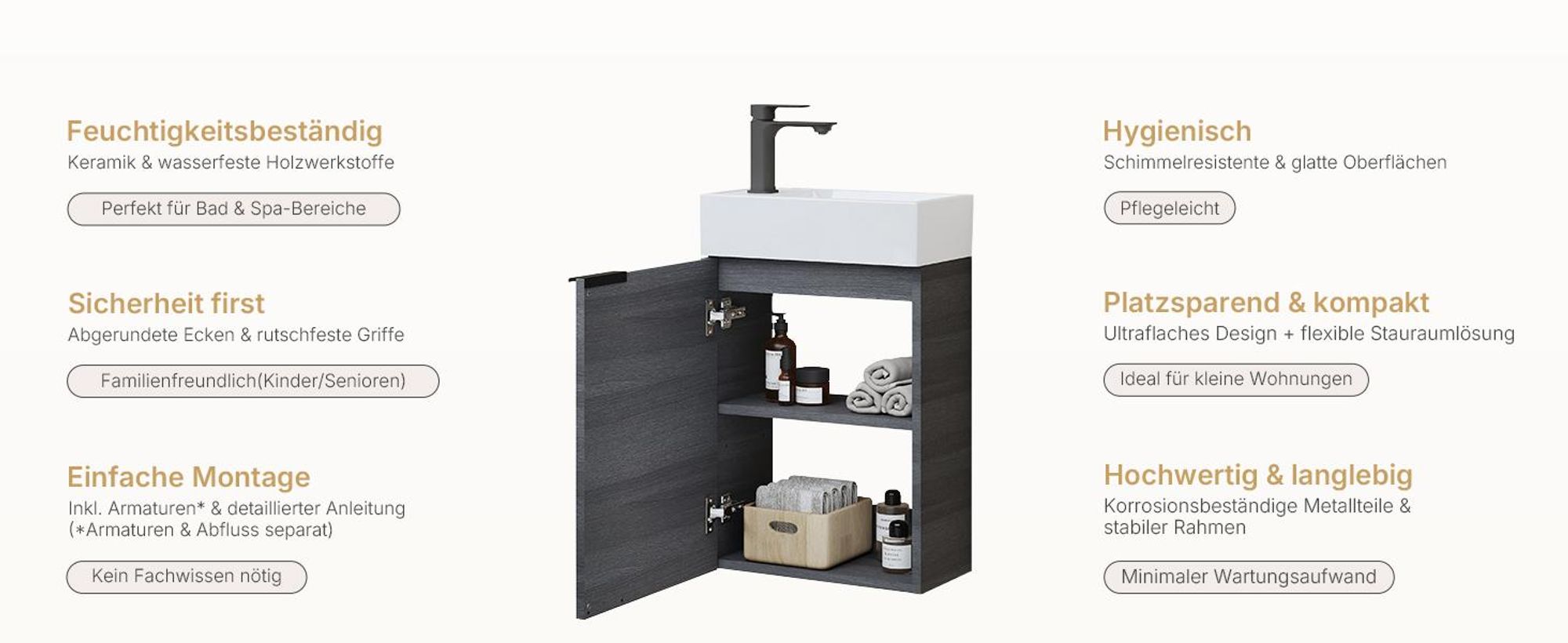 EMKE Waschbeckenunterschrank mit waschbecken 417×240×646 mm wandhängend, Badezimmerschrank, Waschtischunterschrank Soft-Close, Grau in Holzoptik