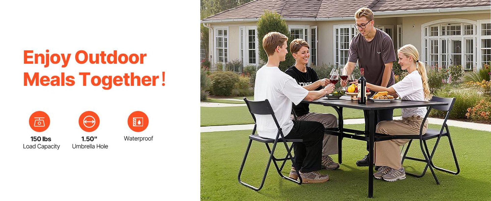 VEVOR Terrassentisch Gartentisch Balkontisch (1500 x 960 x 725 mm) aus Kohlenstoffstahl rechteckier Esstisch für Hof Terrasse Garten Veranda, wasserfest, mit 38 mm Schirmloch, 68 kg Tragkraft Schwarz