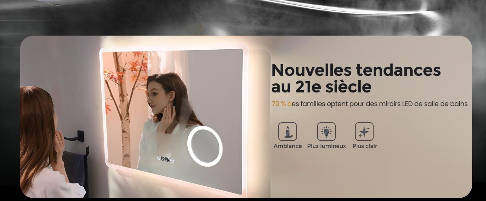 EMKE Miroir de salle de bain avec grossissement 3X Interrupteur tactile 3 couleurs de lumière Variable Horloge anti-buée 80X60cm