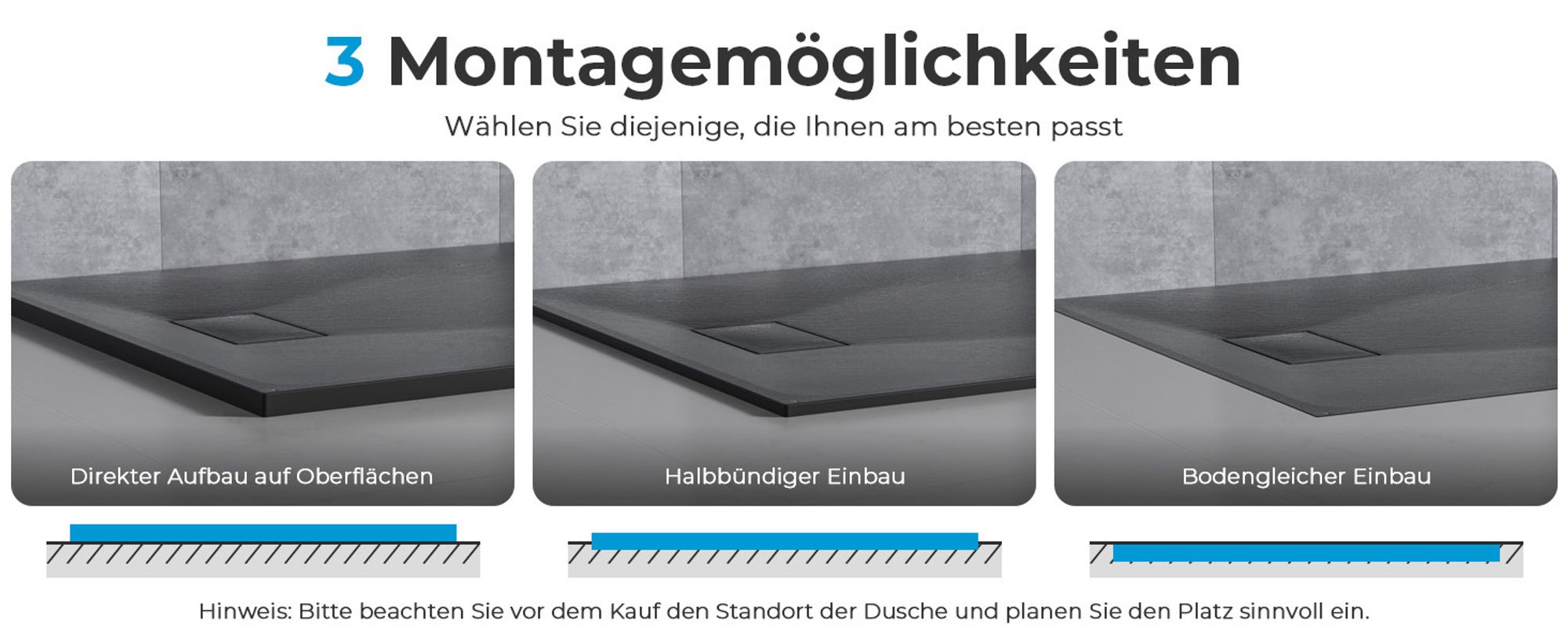 Heilmetz Duschwanne 80x80cm Duschtasse Steinoptik Rutschfeste Extraflach Langlebigem SMC Schwarz Quadratisch Brausetasse