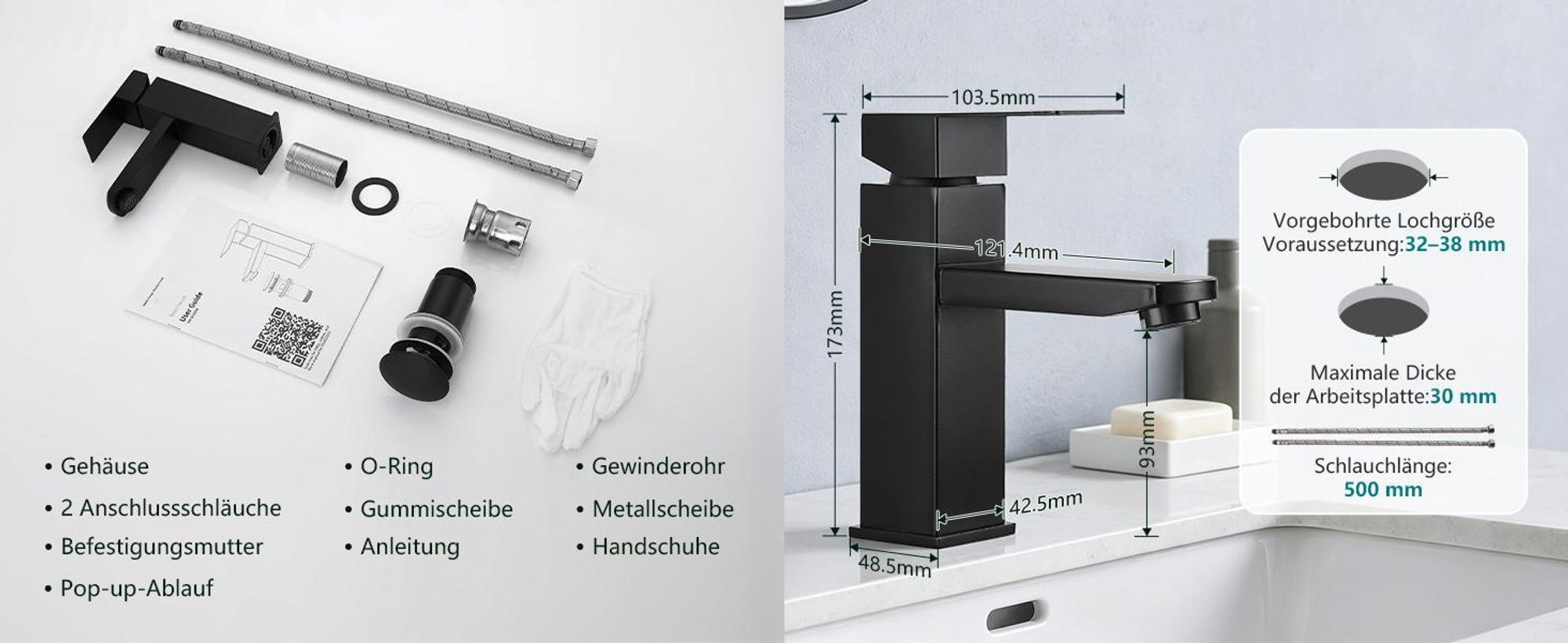 Homelody Wasserhahn Bad Schwarz Edelstahl mit Pop-Up Ablauf Edelstahl, Waschtischarmatur Badarmatur mit Ablaufgarnitur 1 1/4 Zoll Waschbecken Armatur