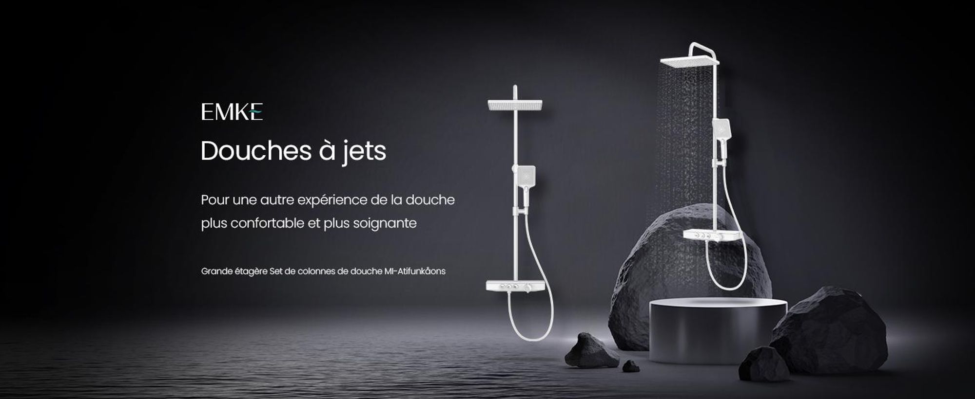 EMKE Système de douche avec thermostat tablette en verre douchette 3 jets douche à effet pluie, robinetterie de salle de bains & douche, douche à effet pluie, KTW, blanc - F09