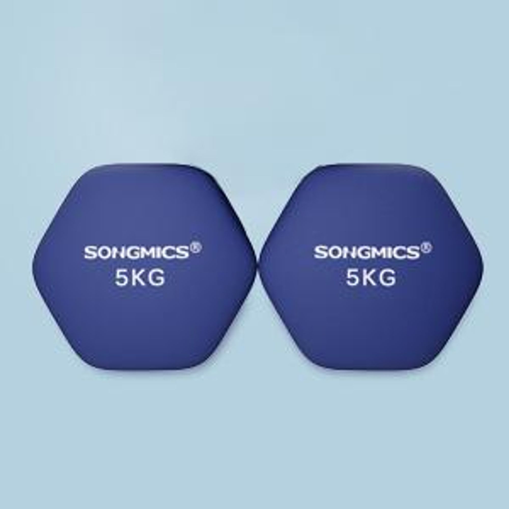 SONGMICS Hanteln, 2er Set, 2 x 5 kg, Hantelset, Kurzhanteln, Hexagon, Neopren-Beschichtung, Krafttraining, Workout, Fitnesstraining, für Zuhause, blau