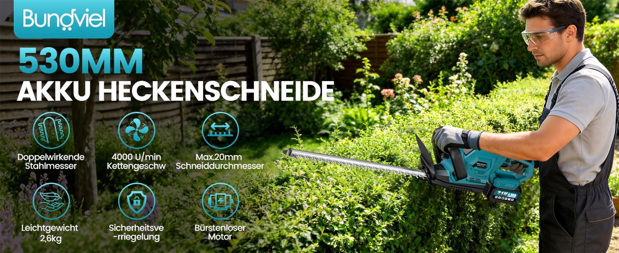 Akku Heckenschere 21V 1000W Brushless Motor 53cm Heckenschere mit 2 Akkus 4000mAh Akkustandsanzeige 180° Griff Garten