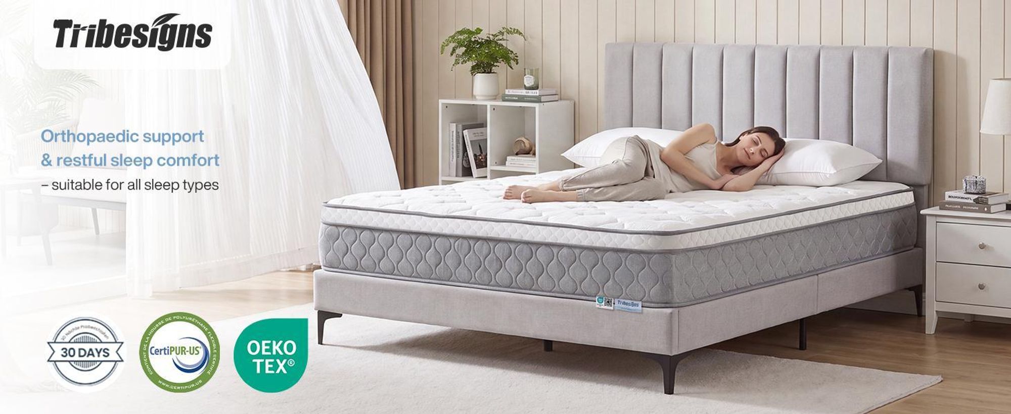 Tribesigns, materasso a molle insacchettate, 90x200 cm – 9 zone, imbottitura in memory foam con gel, rivestimento in Lyocell,  Öko-Tex, livello di comfort H3, 25 cm, traspirante,  per l'assenza di sostanze nocive, colore grigio