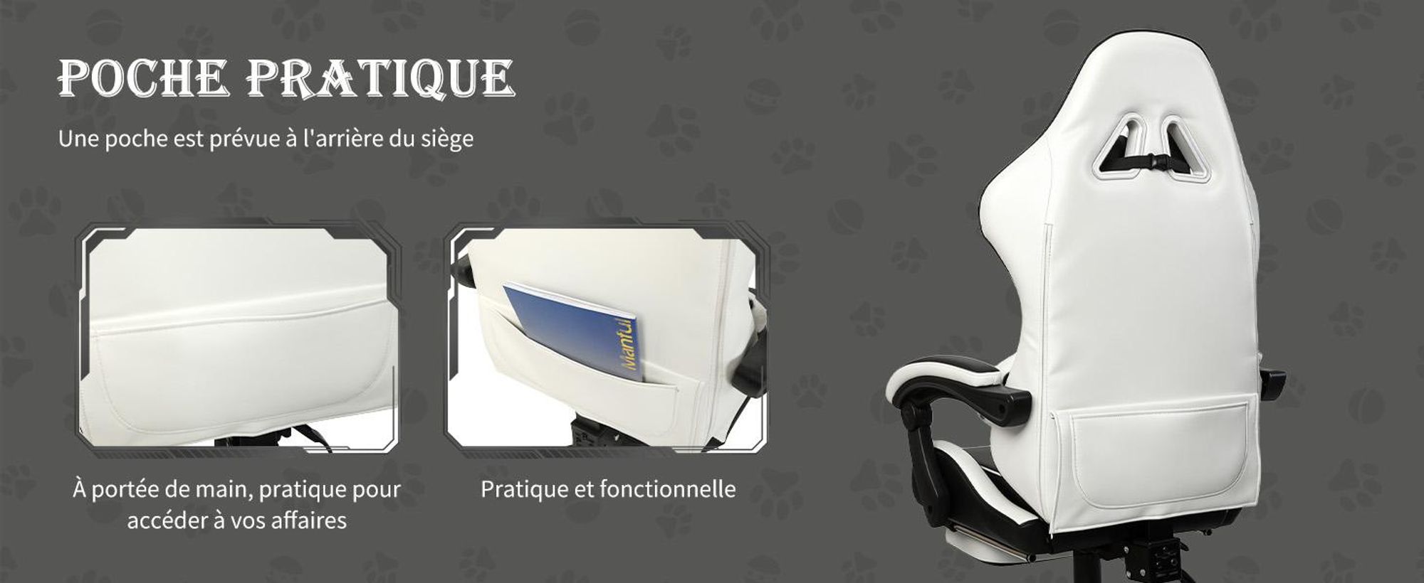 Chaise de gaming Puluomis avec repose-pieds, fauteuil de bureau, siège de chef, chaise de bureau, siège de course, ergonomique, pivotante, réglable en hauteur, design noir et blanc