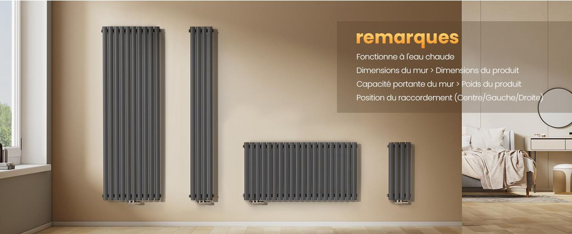EMKE Radiateur tubulaire design pour eau chaude Raccordement central Vertical Ovale Monocouche 177 Watts 24cm x 60cm Anthracite sans thermoplongeur