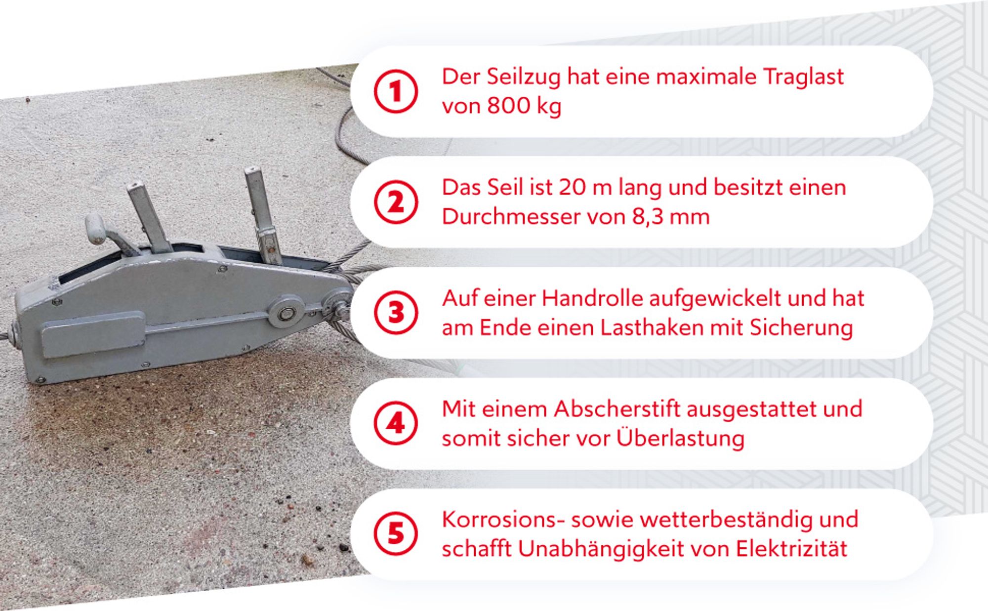 Wiltec Seilzug bis 800 kg Seilwinde mit 20 m Seil, Handseilwinde mit Ø 8,3 mm Stahl-Seil, Forstseilwinde mit Abscherstift, Handseilzug mit Lasthaken