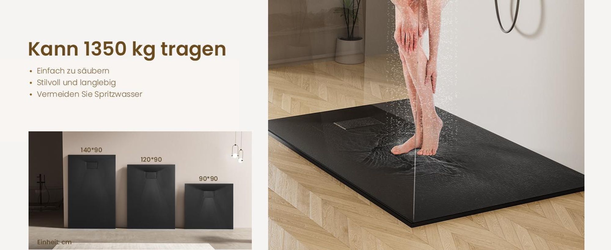 EMKE Duschwanne Flach Rechteckig 140x90cm Duschtasse mit Rutschfeste Struktur in Schwarz Steinoptik
