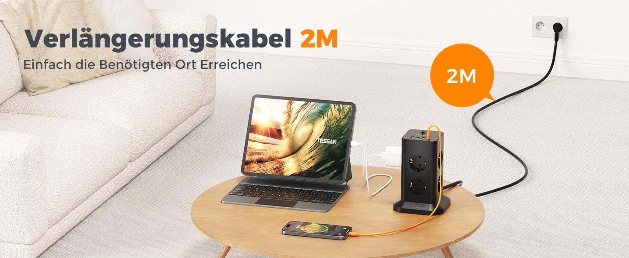 TESSAN 8 Fach Mehrfachsteckdose mit 1 USB C 3 USB A Verlängerungskabel 2M für Zuhause 3600W