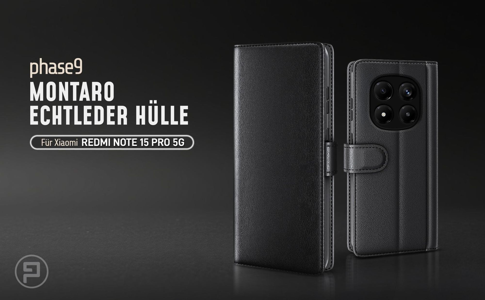 Schwarze Lederhülle für Xiaomi Redmi Note 15 Pro 5G mit Magnetschließe