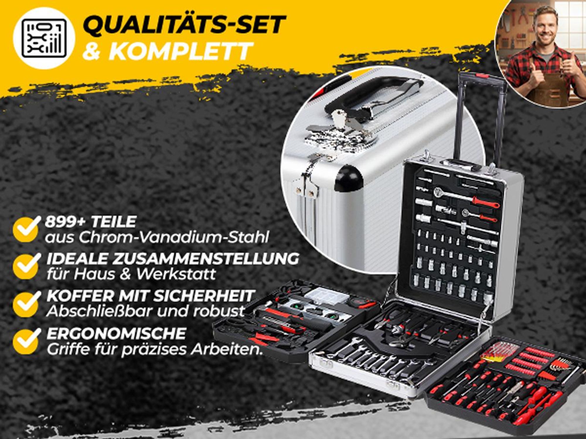 MONZANA® 1050tlg Werkzeugtrolley CrV-Stahl Werkzeugkoffer Aluminiumkoffer mit Rollen Teleskopgriff Abschließbar Qualitätswerkzeug Werkzeugset Anthrazit