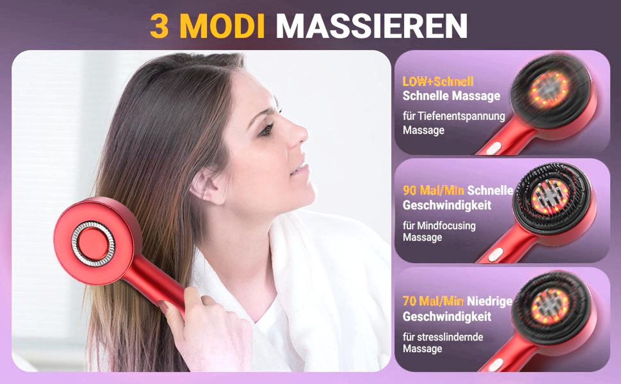 Elektrischer Kopfmassagegeräte, Haarbürste, Kopfhaut Massagebürste, Rotlicht Haarmassagebürste, 3 Modi, Ölspender für Haare, 360° Knetmassage