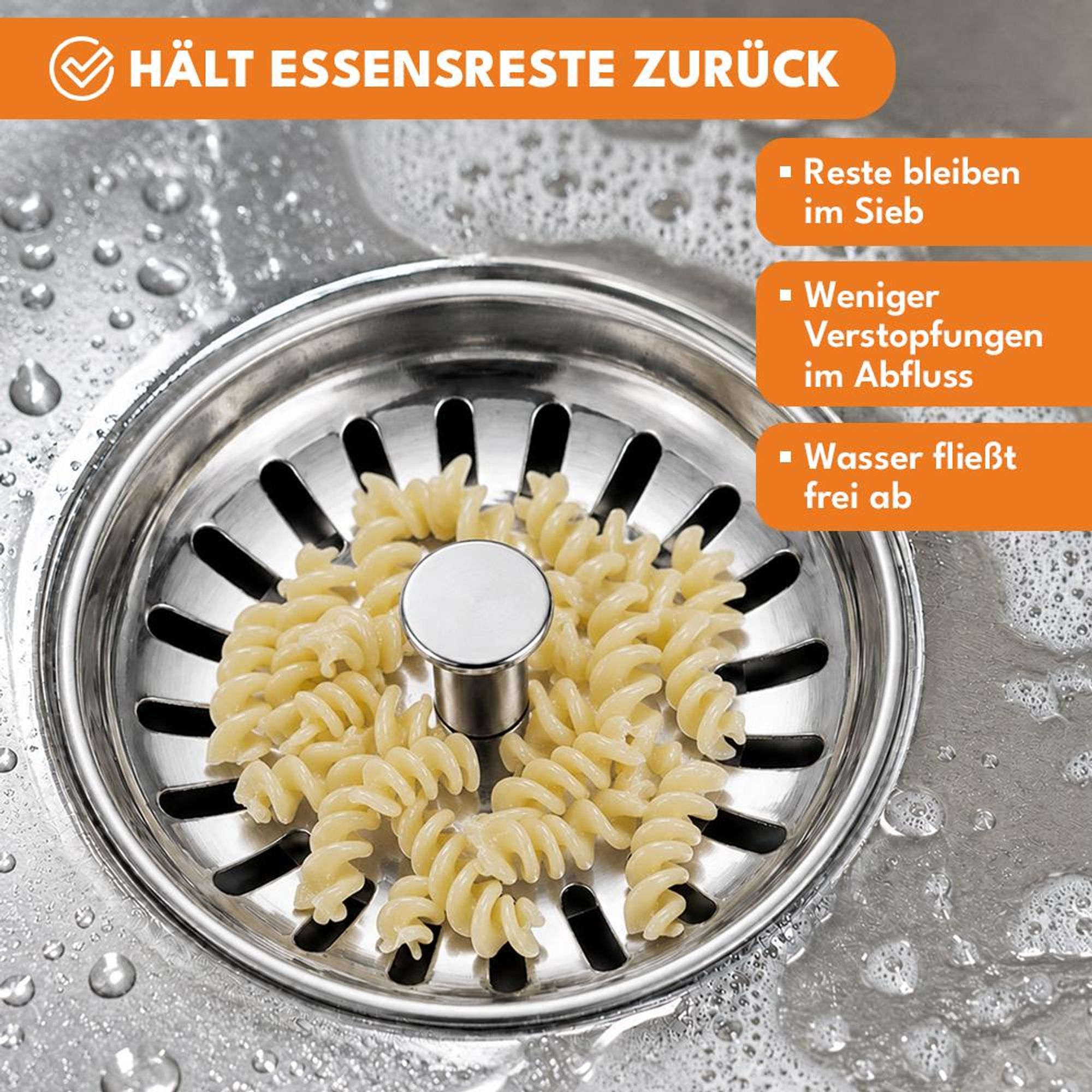 KRUMAD Abflussstopfen mit Sieb 79 mm, Waschbeckenstöpsel aus Edelstahl, Siebkörbchen für Spülbecken, Spülenstopfen Küche, Ablaufstopfen