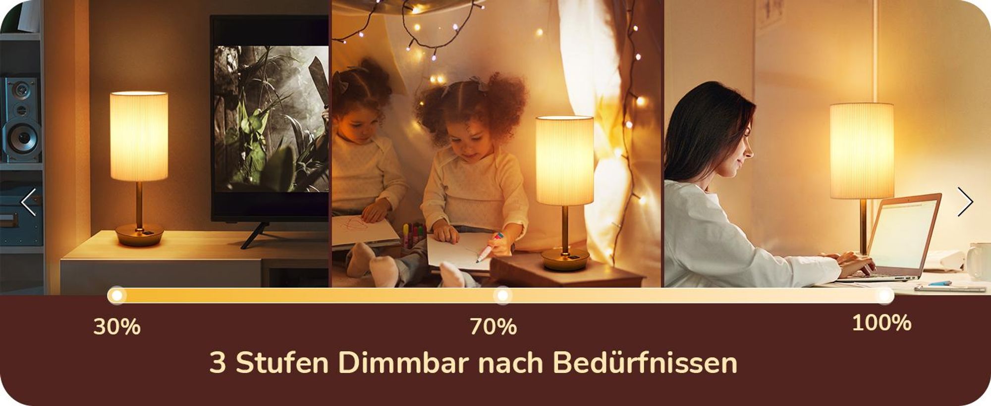 EDISHINE LED Nachttischlampe 2er Set Touch Dimmbar, Tischlampe mit Ladefunktion, Gold beige