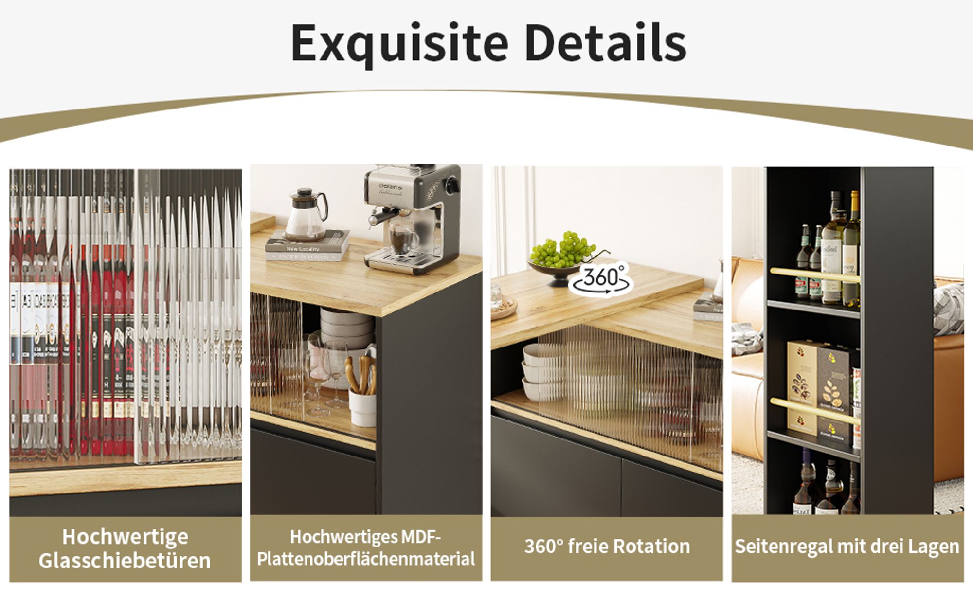 Flieks Esstisch Bartisch 360°drehbar, Küchentisch Esszimmertisch ausziehbar, Kaffeebar mit Schrank, Stehtisch Sideboard mit Glasschiebetür, Schwarz