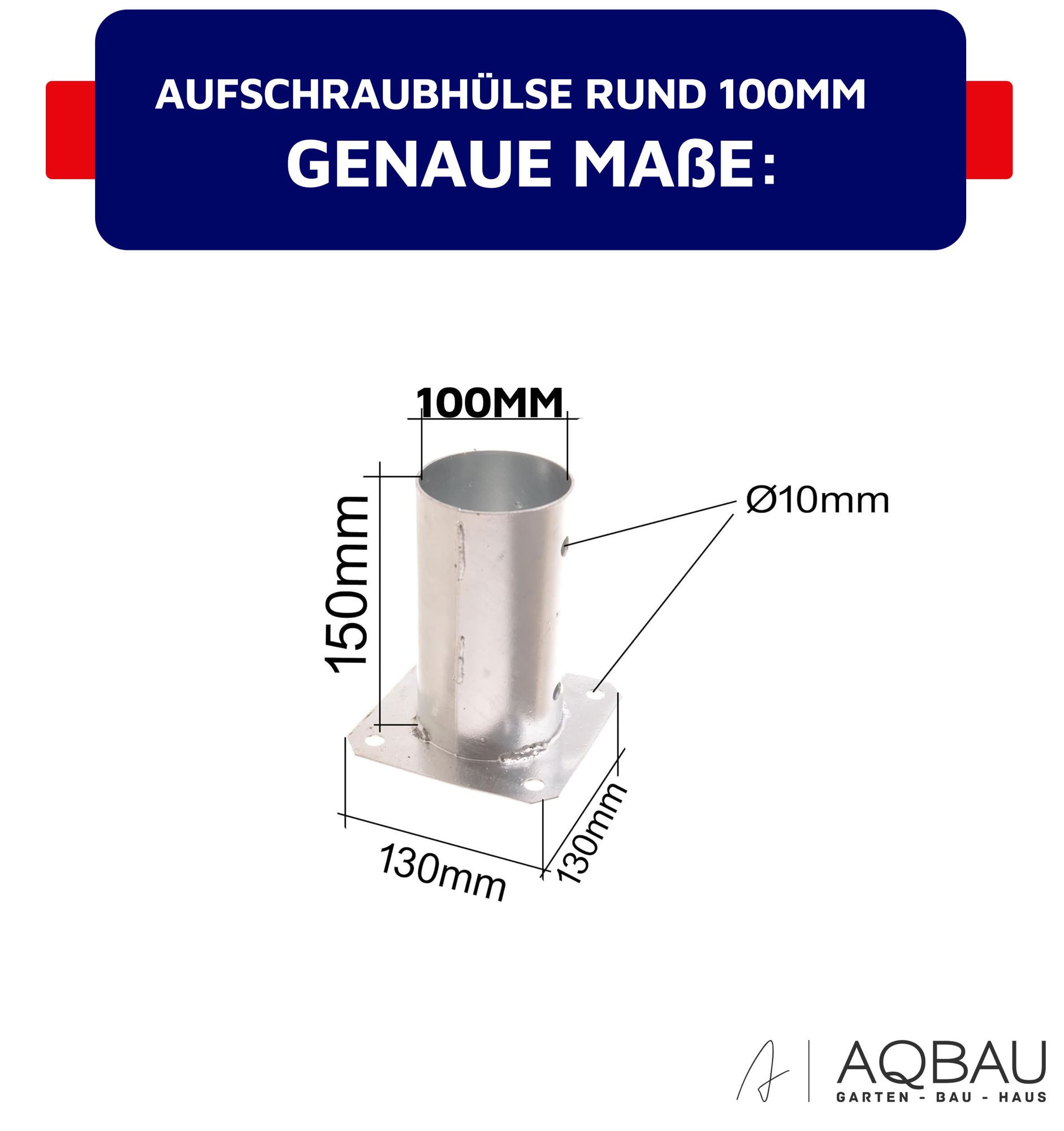 Aqbau® Aufschraubhülse rund 80 mm Pfostenträger aufschrauben, Vierkantpfosten, Holzpfosten, Pfostenschuh, Bodenhülse mit Dübelplatte