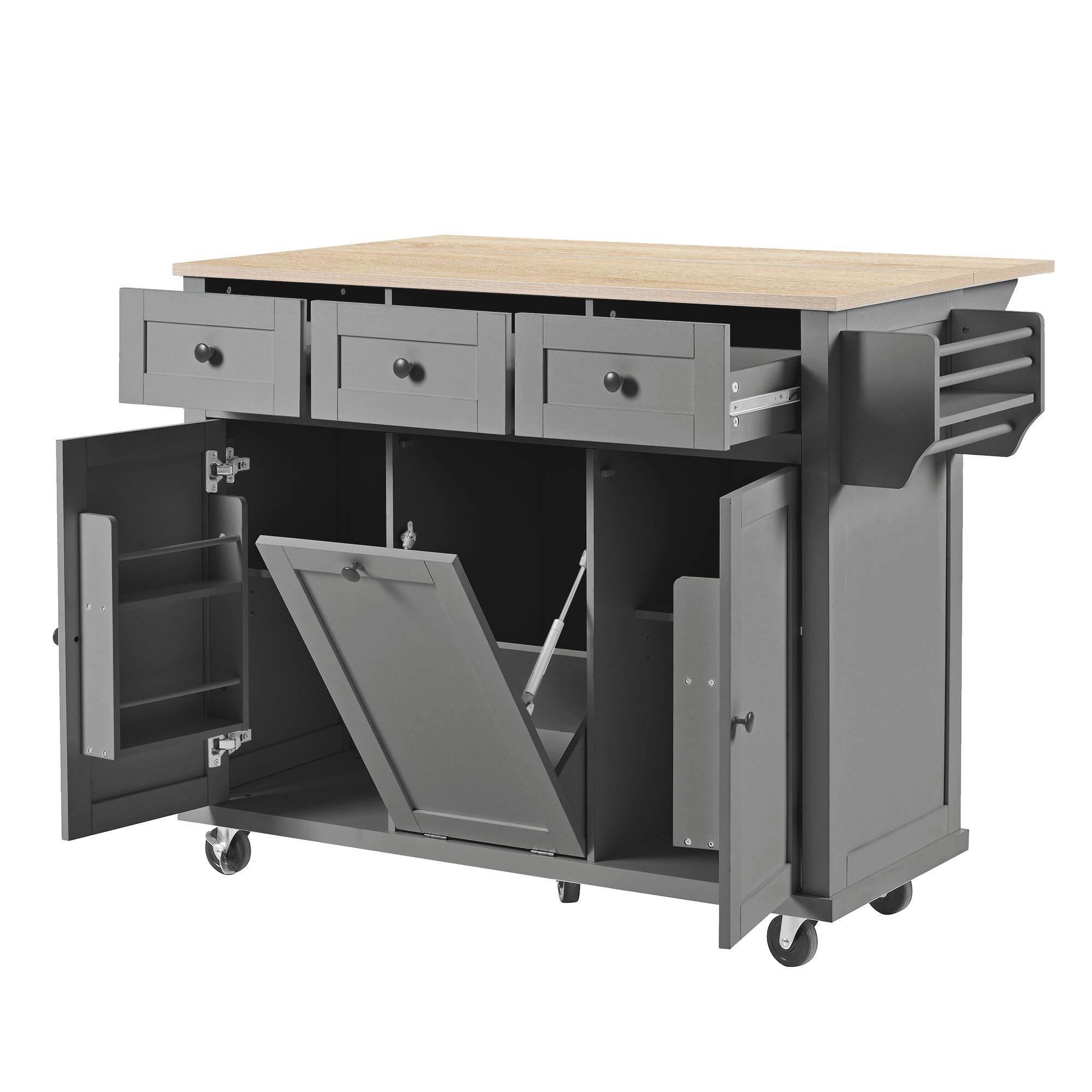 Flieks Servierwagen mit Arbeitsplatte Klappbar, Kücheninsel Küchenwagen mit Mülleimerfach & Schubladen, Mobil Speisewagen, 112x46.2-76.2x92.7cm, Grau