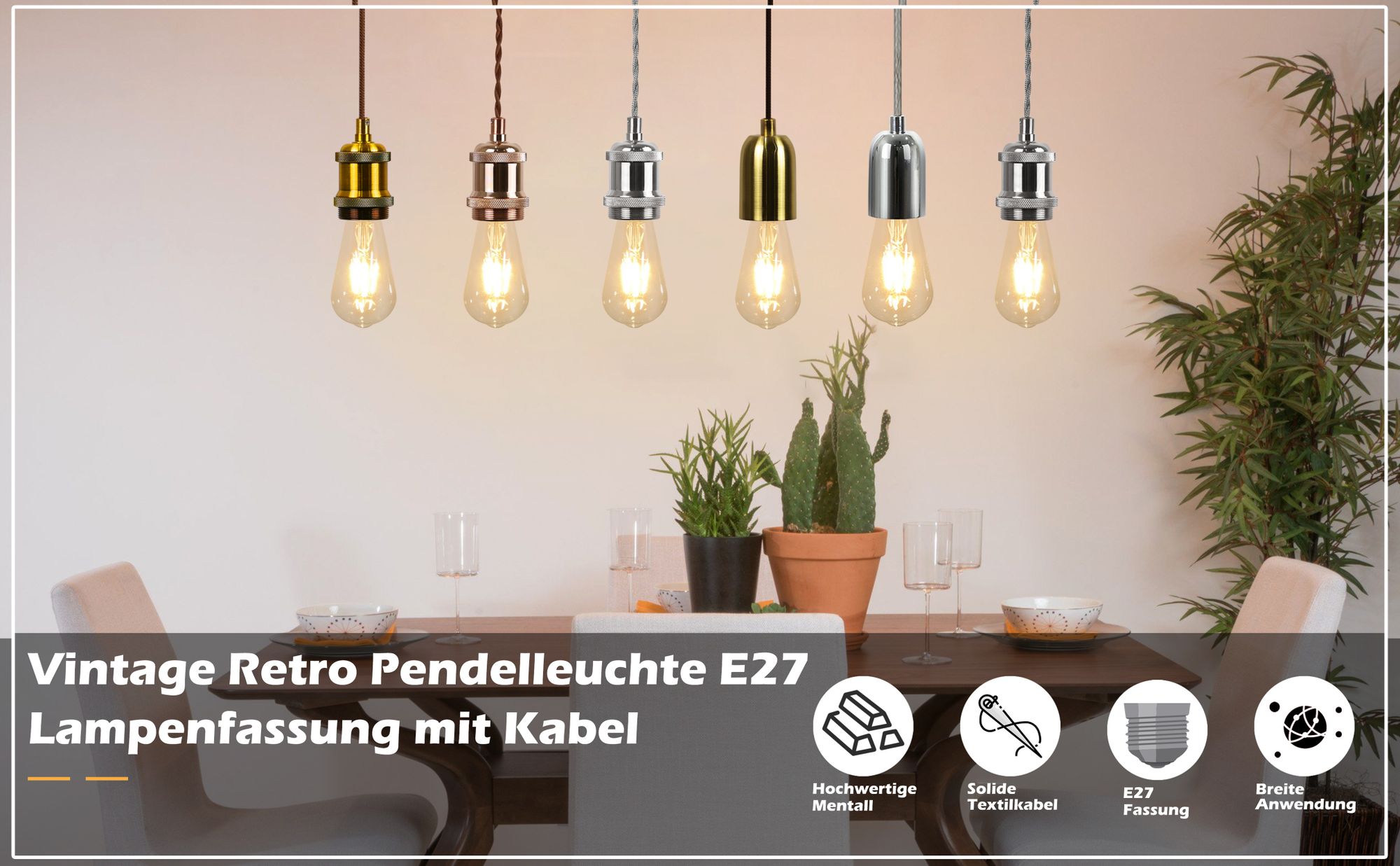 ZMH Lampa Wisząca E27 Wisząca Lampa Vintage Gniazdo Srebrna Wisząca Podstawa Pasek 1,3M Drut Lampa wisząca do salonu Restauracja Bar Piwnica na wino