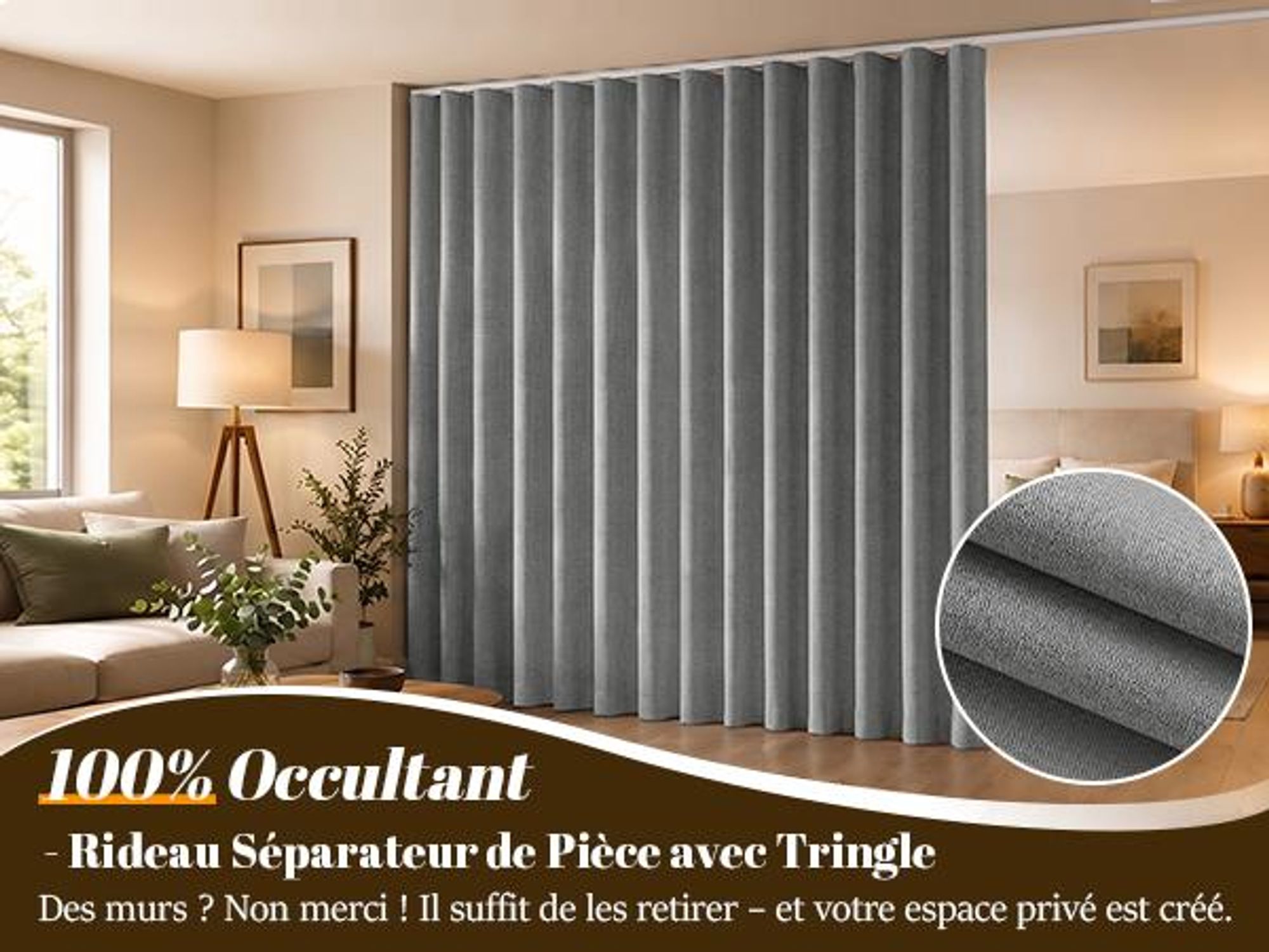Extra großer Raumteiler Vorhang mit schienen Haken, Grau 100% Verdunkelung Blickdicht Trennvorhänge für Schlafzimmer Wohnzimmer, B 254 x H 213 cm