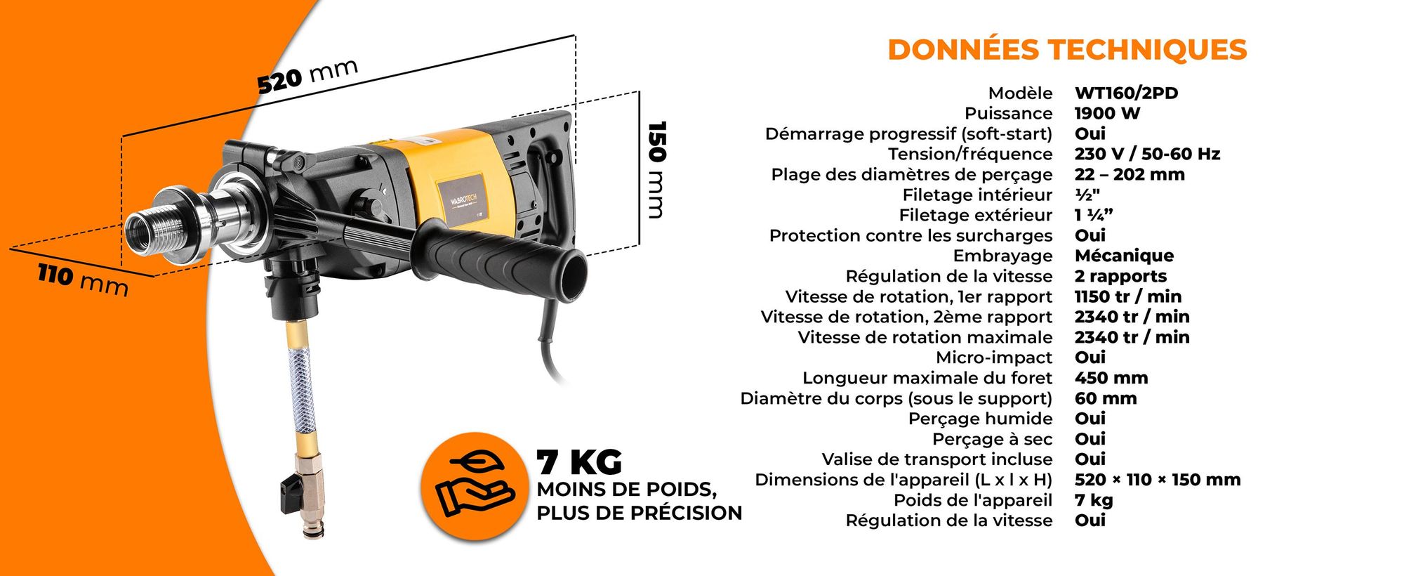 Carotteuse portative avec microprocesseur 1900 W carotteuse diamantée 2340 rpm carotteuse portative avec 2 engrenages 22-202 mm