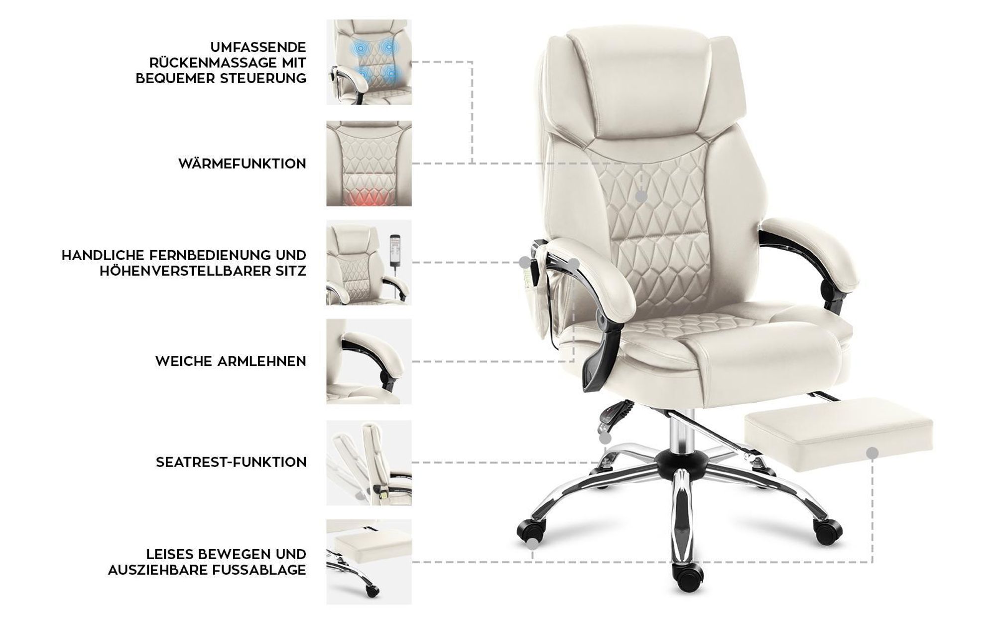 Mark Adler Boss 6.0 | Bürostuhl Massagesessel Ergonomischer Chefsessel | Massagefunktion | Fußstütze | Wärmefunktion | Drehbar | Kunstleder | Beige