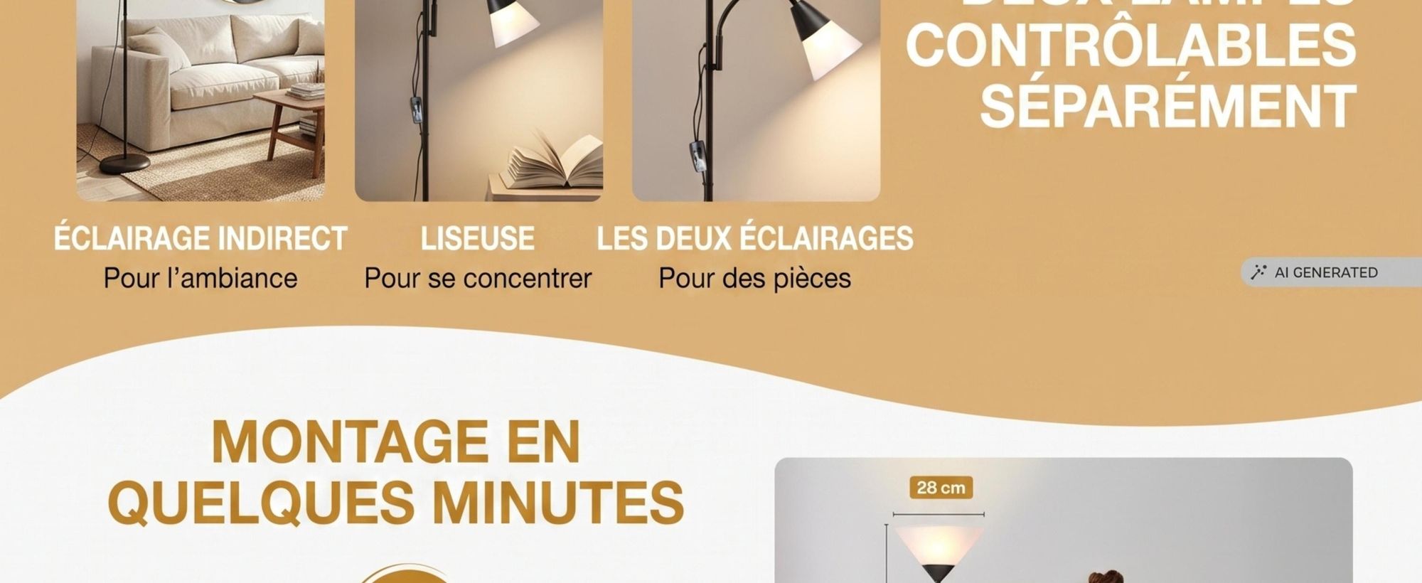 MONZANA® Lampadaire avec liseuse Noir 175 cm Réglable E27 Lampe orientable sur pied Projecteur de plafond Lampe de lecture