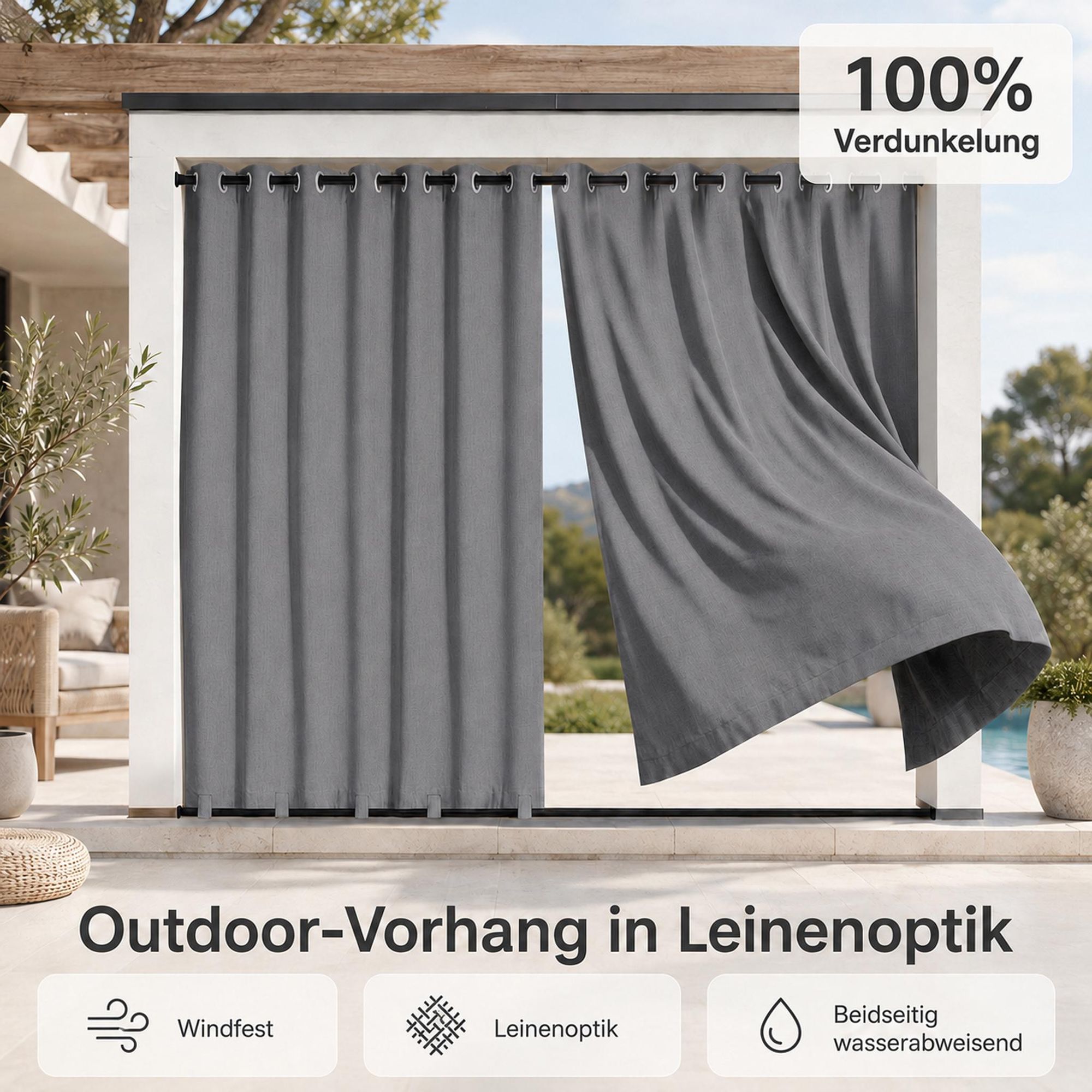 Outdoor Vorhang mit Ösen Grau 254 x 244 cm Winddicht Thermo Gardine Extra Breit 100% Verdunkelung UV Schutz Blickdicht Balkonvorhang für Pavillon Terrasse