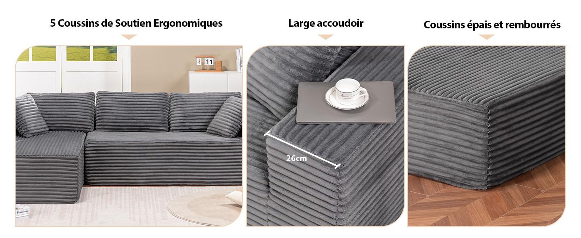 COMHOMA Sofa Big-Sofa, Canapé en L, Canapé d'angle, Chaiselongue Canapé-lit avec assise profonde et larges accoudoirs, tissu velours gris foncé-R