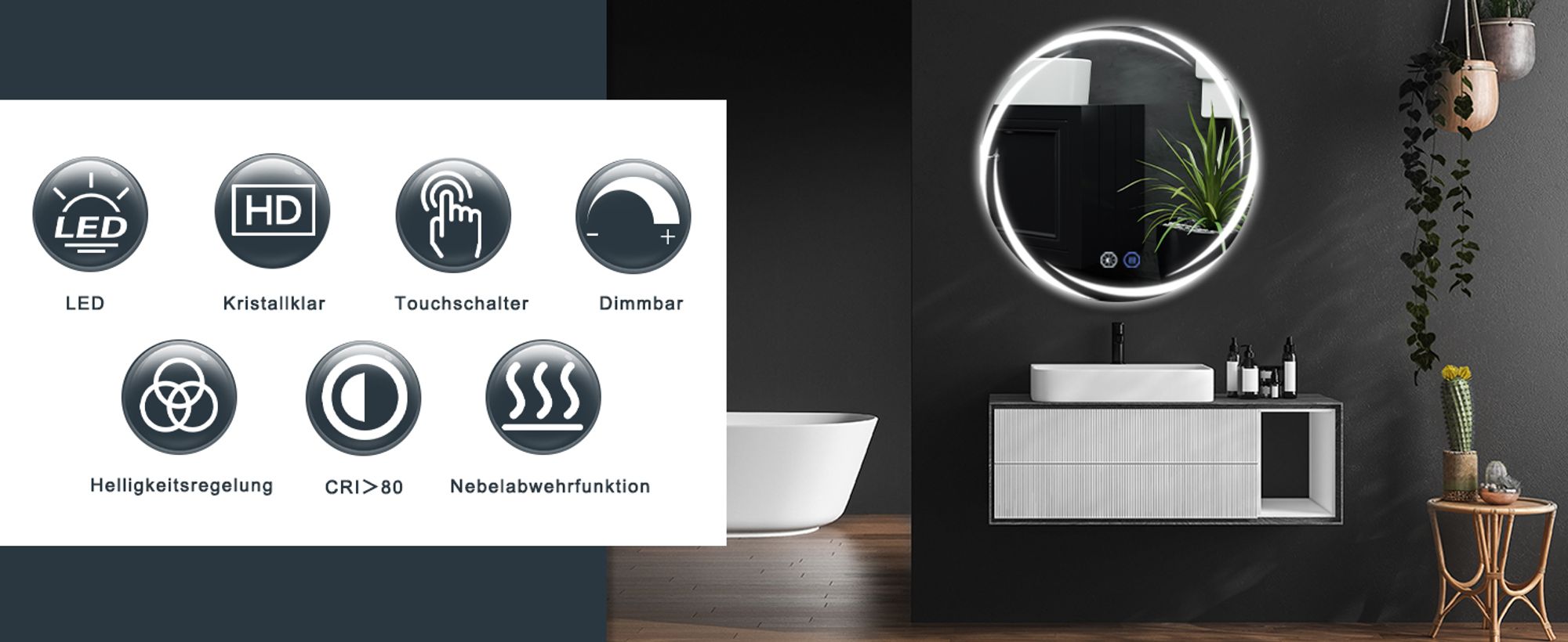 ZMH Badezimmerspiegel mit Beleuchtung Badspiegel Rund Runder 70cm LED Spiegel Touch Dimmbar Licht Beschlagfrei Rundspiegel Beleuchtet für Badezimmer