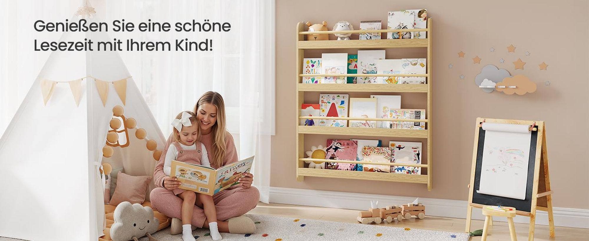 SONGMICS Bücherregal Kinder, Kinderregal mit 4 Ebenen, Spielzeugregal, Wandregal, naturfarben