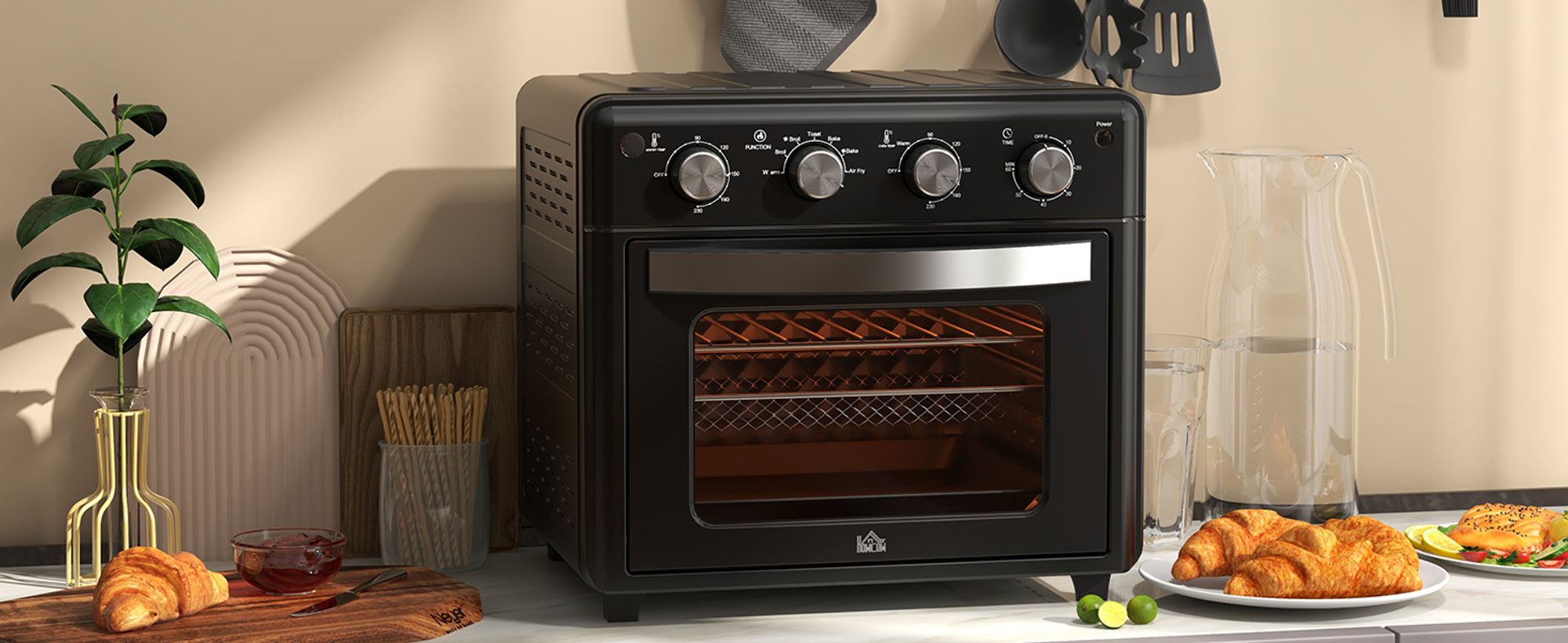 HOMCOM Minibackofen mit Umluft 30L Mini Ofen mit Backblech Grillrost Krümelblech