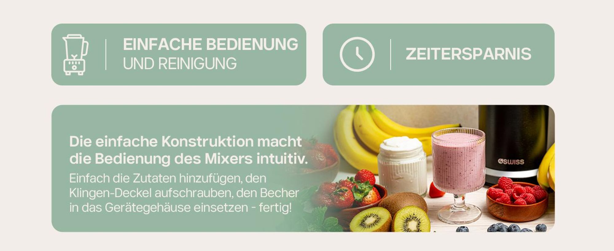 4Swiss NB102 Smart Blender Standmixer – 1000W Hochleistungsmixer, Smoothie Maker Set inkl. Becher & To-Go Deckel, 6-fach Edelstahlklinge, Ice Crusher