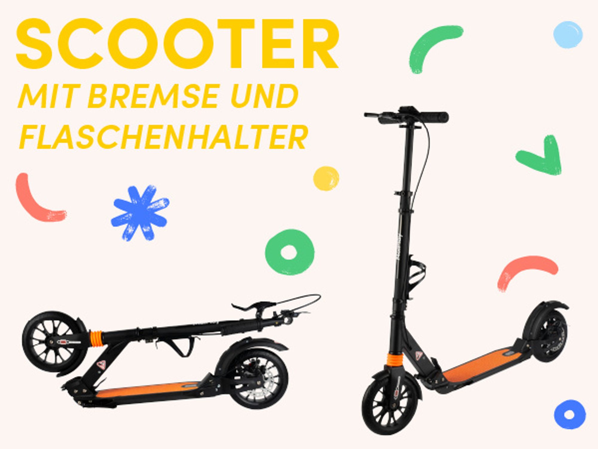 Malplay Scooter für Kinder ab 6 Jahren Kinderroller mit Flaschenhalter Schwarz/Orange Große bis 100kg