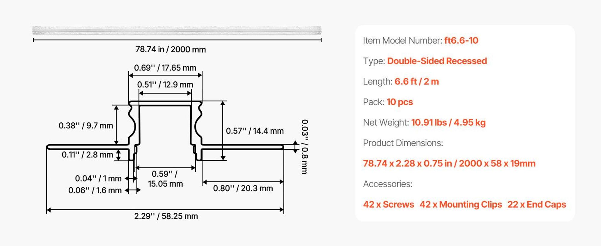 VEVOR 10er-Pack 6,6 ft/2M V-förmiger LED-Aluminiumkanal mit milchigem Deckel, Endkappen und Montageschienen, Aluminiumprofil für LED-Streifeninstallationen, einfache Installation, für Unterbauküchenarbeitsplatten, 2 m-a, Doppelseitig eingebettet