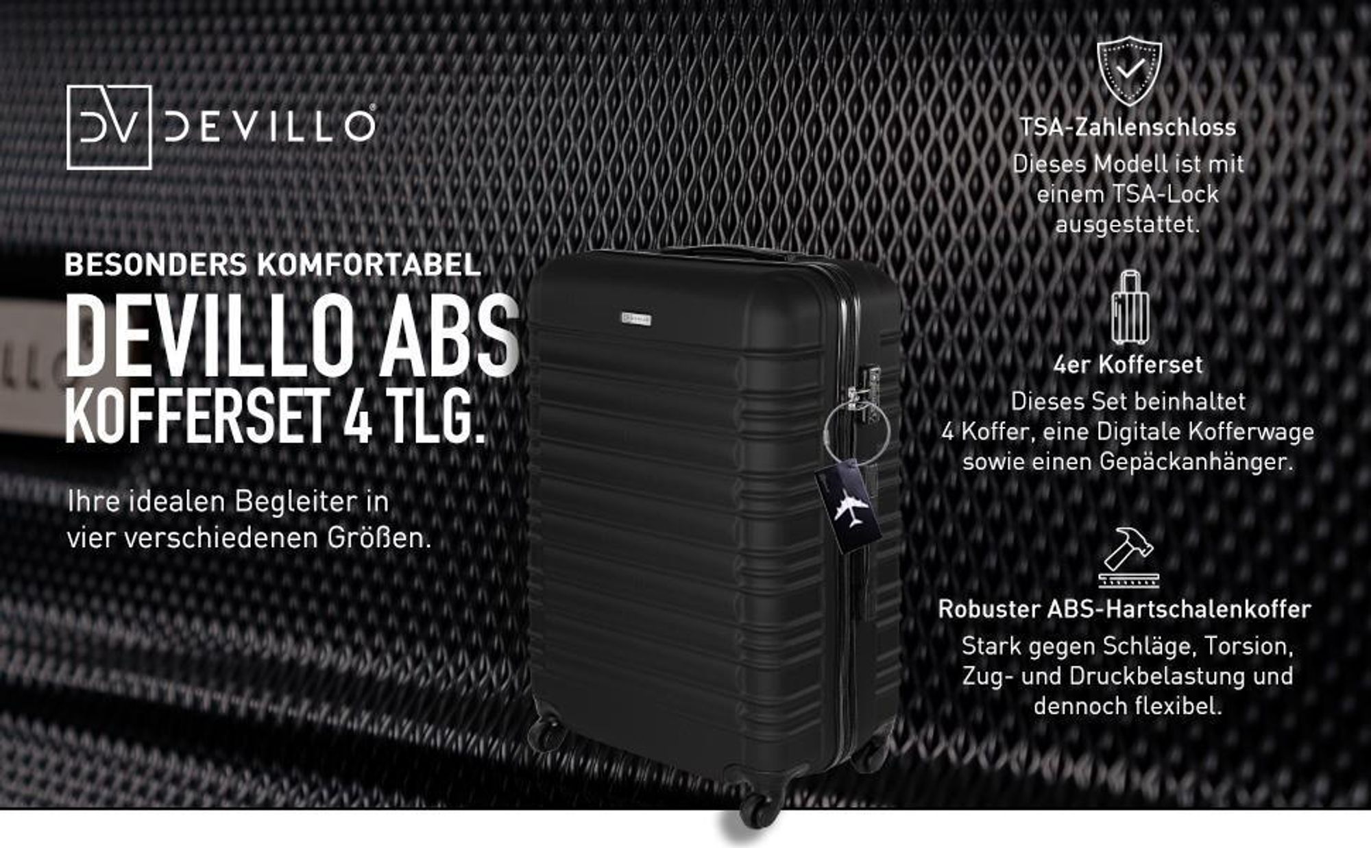 Devillo® Kofferset 4tlg. S-M-L-XL, Champagner - Trolley Koffer Reisekoffer Reisekofferset Gepäck Rollkoffer TSA 4 Rollen ABS-Hartschale Teleskopgriff