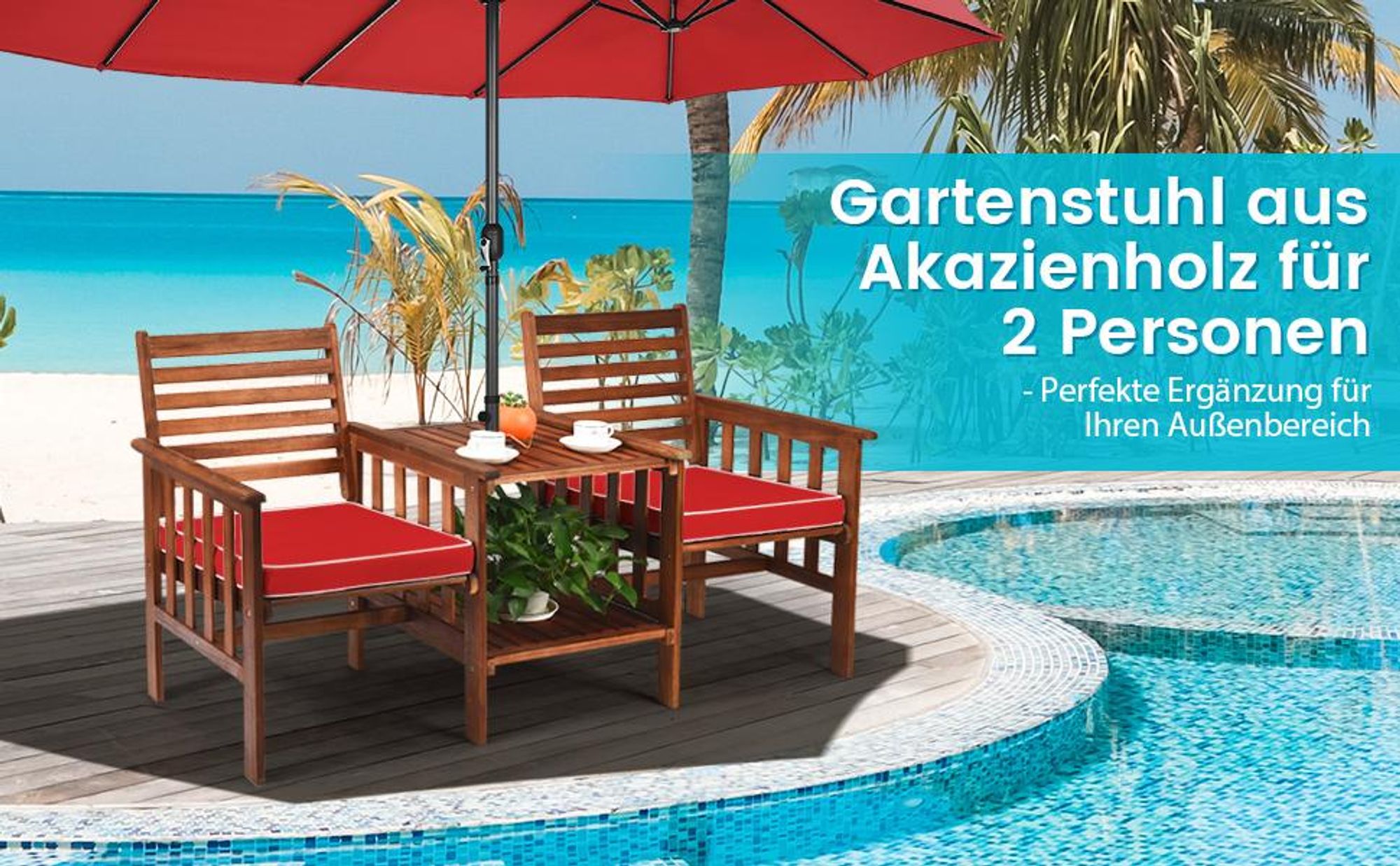 COSTWAY Gartenbank mit Tisch, 2-Sitzer Holzbank mit Sitzkissen & Schirmloch, Sitzbank aus Akazienholz bis 350 kg, Terrassenbank, 165 x 65 x 88 cm